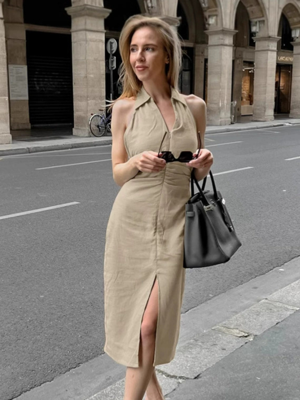 Forever 21 Spring Halter Neck Linen Cotton Dress Khaki Backless Straight Bodycon